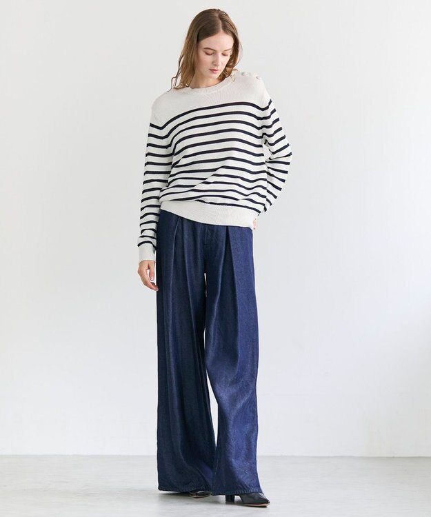 BEIGE， HELIODOR / レーヨンボーダーマリンボタンニット Ecru × Navy