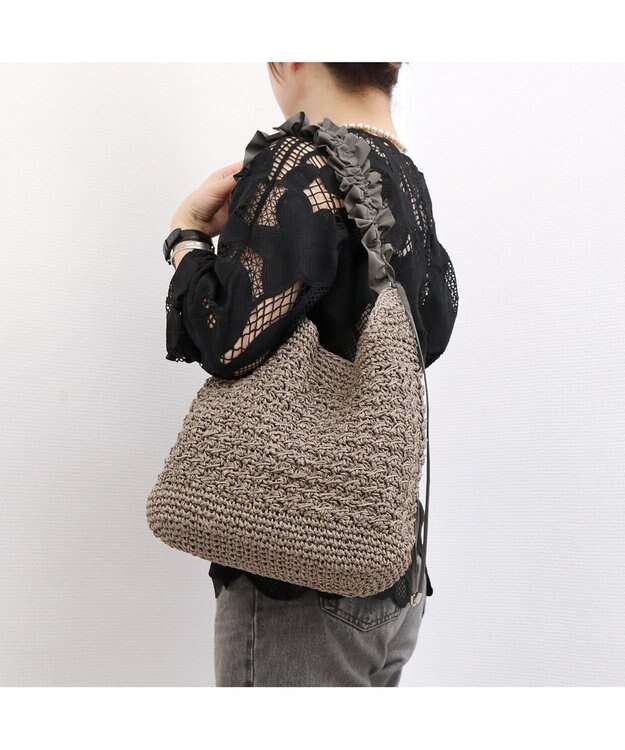 UNBILLION カシュカシュ cachecache / ドロストフリルハンドル地柄編みトート カゴバッグ GY