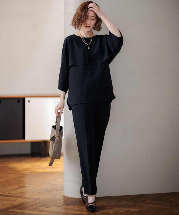 23区 L 【新色追加/洗える】ストレッチジョーゼット テーパード パンツ ブラック系