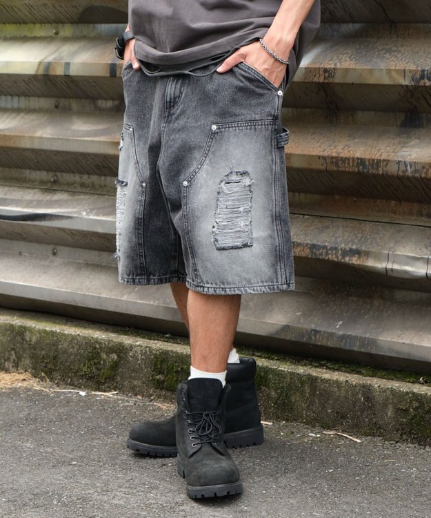 WEGO ダブルニーダメージデニムショーツ デニムブラックソノタ