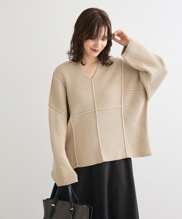 Green Parks リブ切替Ｖネックニットプルオーバー Light Beige