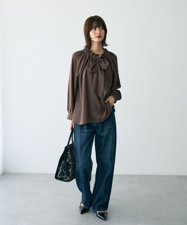 YECCA VECCA フリルギャザーボウタイブラウス Brown