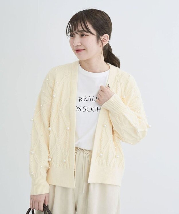 Green Parks パール付ケーブルニットカーディガン Off White