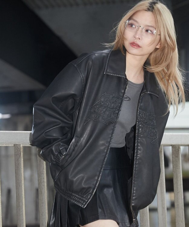 WEGO 【ユニセックス着用ITEM】PUダメージアップリケブルゾン ブラック