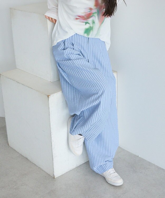 CRAFT STANDARD BOUTIQUE ベルトデザインワイドパンツ Stripe Sax