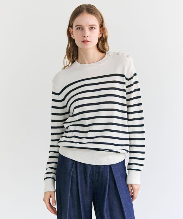 BEIGE， HELIODOR / レーヨンボーダーマリンボタンニット Ecru × Navy
