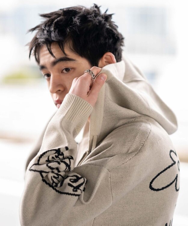 WEGO ジャガードグラフィックニットZIPパーカー ホワイト