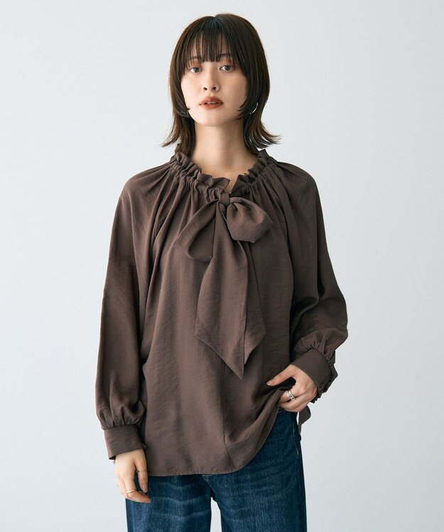 YECCA VECCA フリルギャザーボウタイブラウス Brown