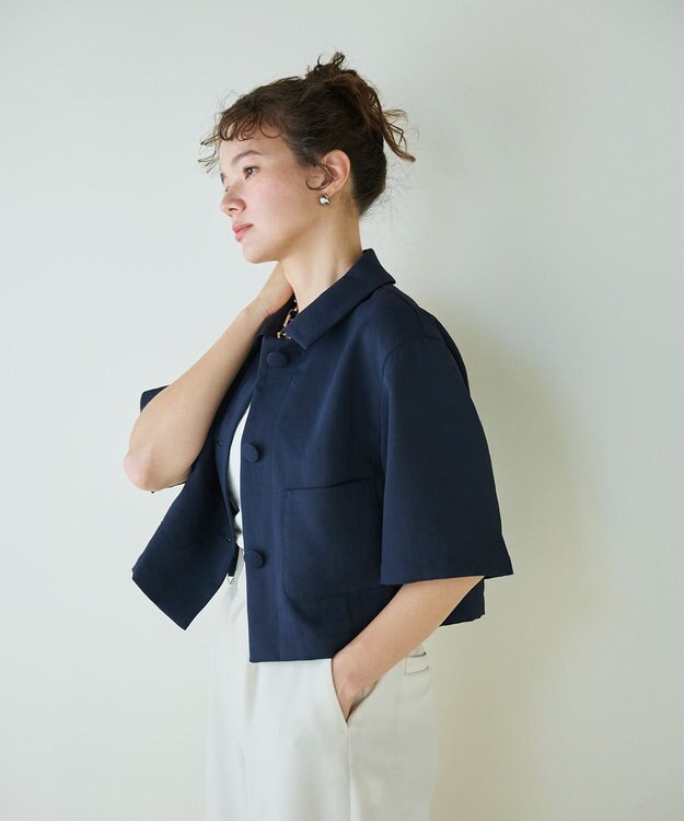 #Newans 【シワになりにくい】〈花乃まりあさんコラボ〉クロップドシャツジャケット ネイビー