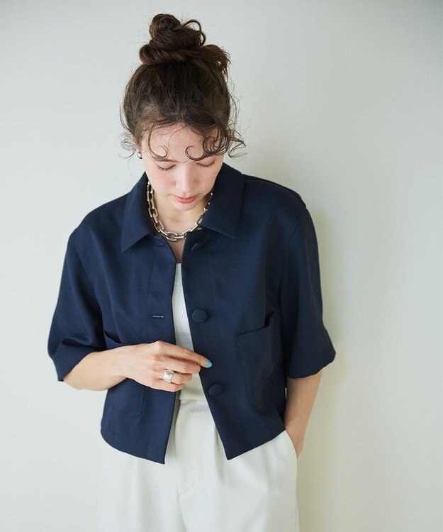 #Newans 【シワになりにくい】〈花乃まりあさんコラボ〉クロップドシャツジャケット ネイビー