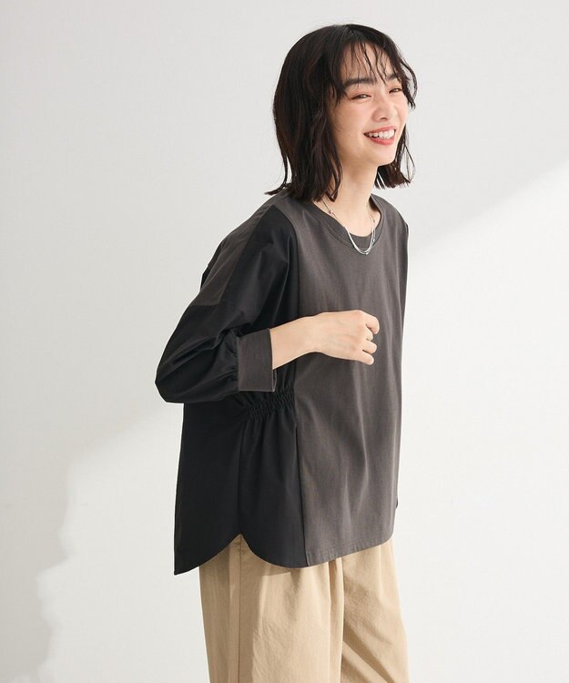 Green Parks ７分袖サイドシャーリングドッキングプルオーバ Charcoal Gray
