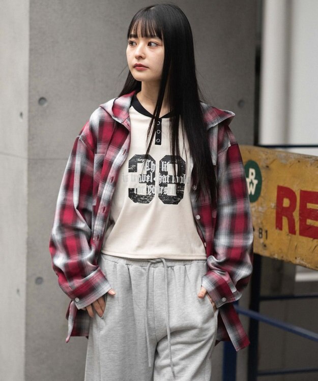 WEGO フードチェックシャツ レッド