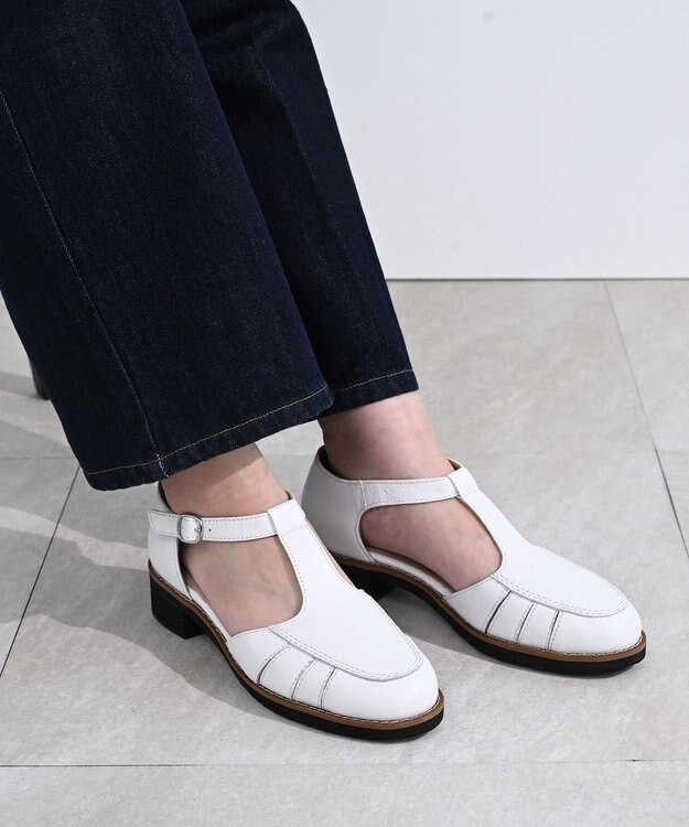 Pointer 本革 通気性Tストラップパンプス ホワイト