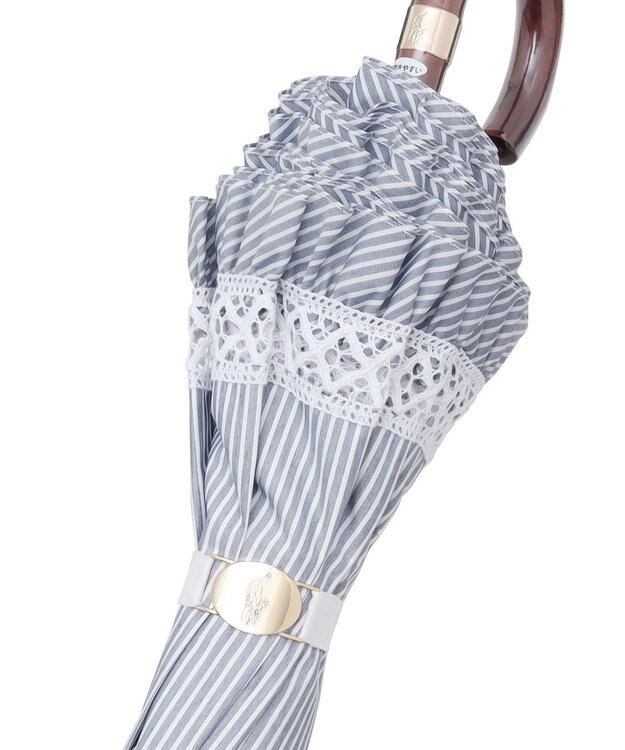 MOONBAT POLO RALPH LAUREN 晴雨兼用日傘 折りたたみ傘 ストライプフリル／遮光 遮熱 UV ディープブルー