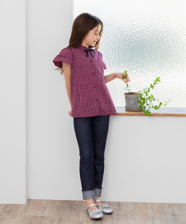 組曲 KIDS 【110-140㎝】チェックラッフル ブラウス ラズベリー系3
