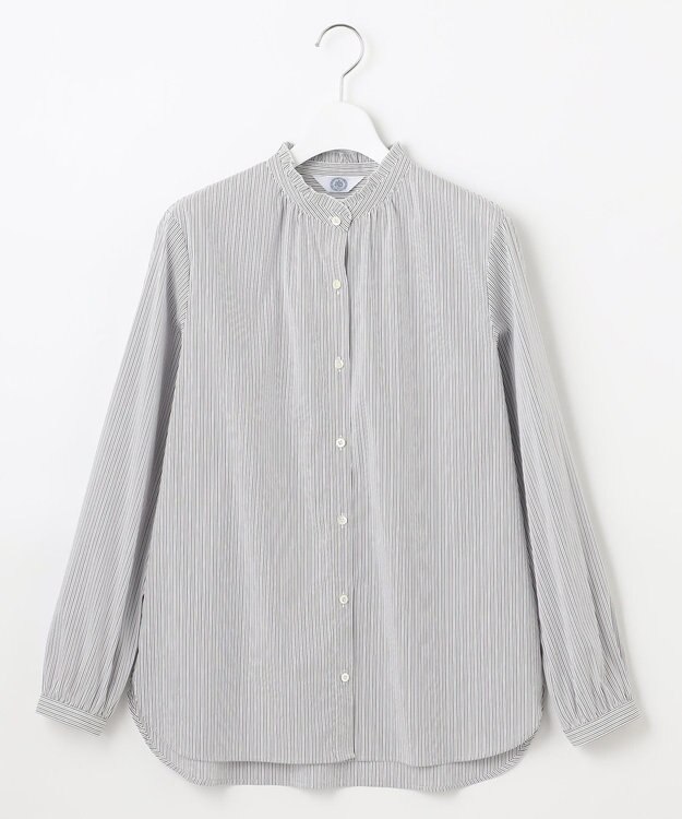 J.PRESS LADIES 【洗える】BEZ ドビーストライプ フリルネック ブラウス ネイビー×ピンクストライプ系