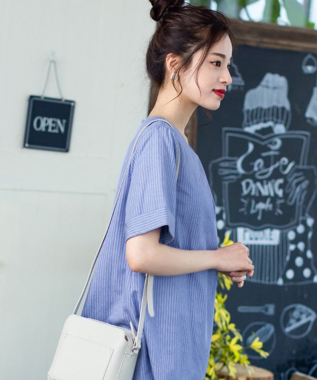 Tiaclasse L 【洗える】体型カバーも叶う幅広カフスチュニックブラウス ブルーストライプ