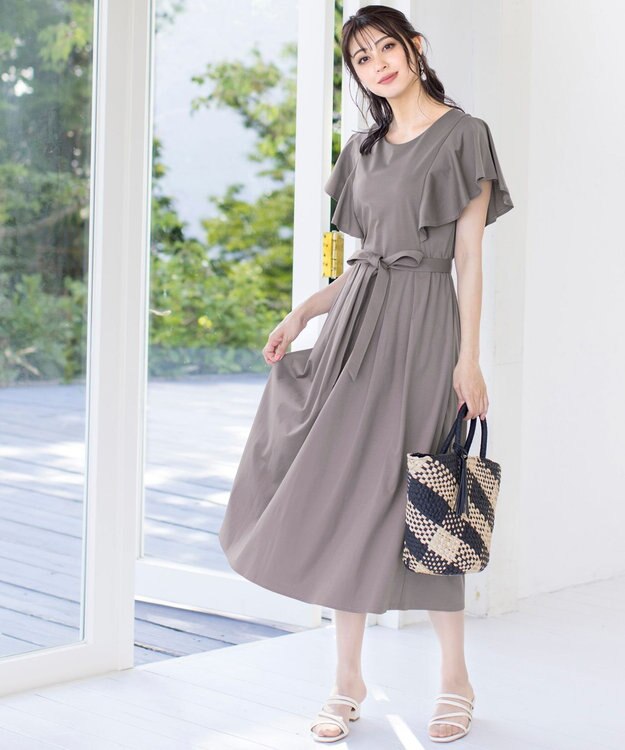 Tiaclasse L 【洗える】ストレスフリーで着用できるカットソーフレアワンピース グレージュ