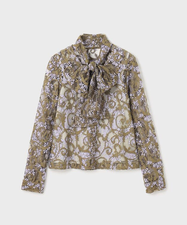 GRACE CONTINENTAL ボウタイ付レースブラウス カーキ