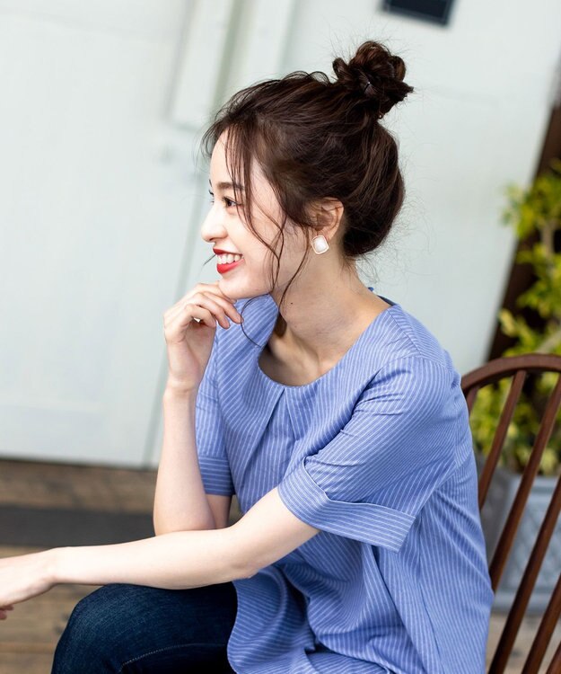 Tiaclasse L 【洗える】体型カバーも叶う幅広カフスチュニックブラウス ブルーストライプ