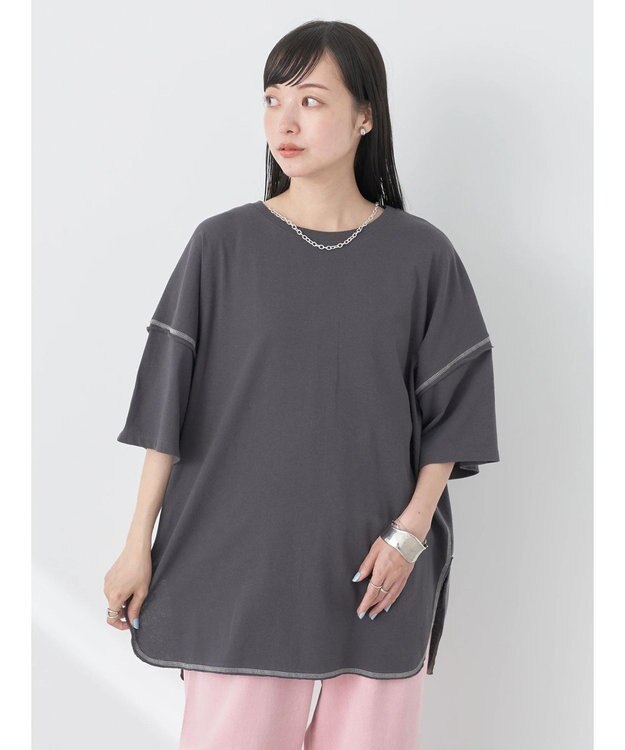 earth music&ecology 配色ステッチチュニックＴ Charcoal Gray