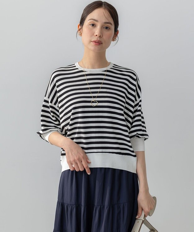 組曲 ドルマンスリーブ7分袖 ニットＴ ボーダー系1