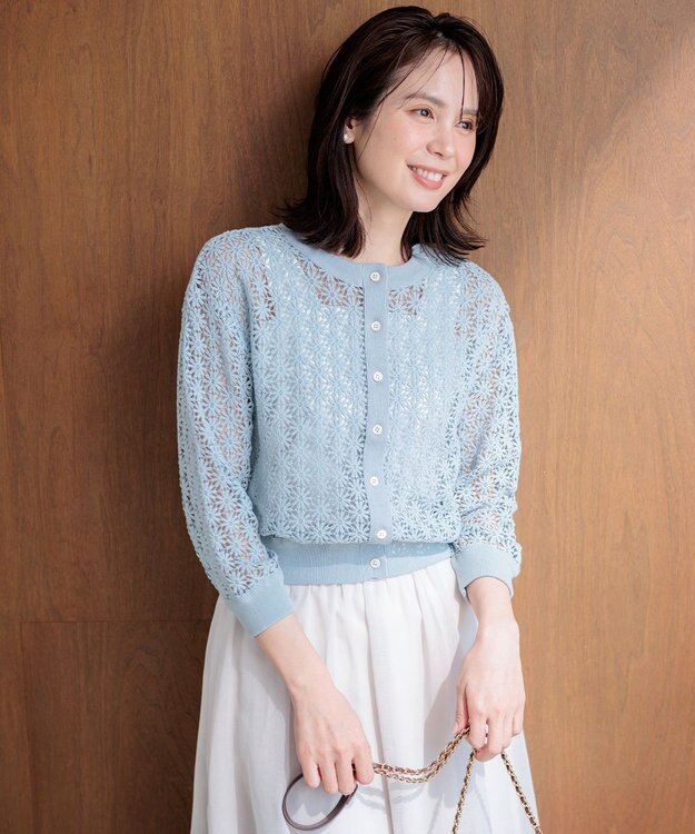 組曲 【先行予約・前後着用可】コットンフラワーレーシー カーディガン ダスティブルー系