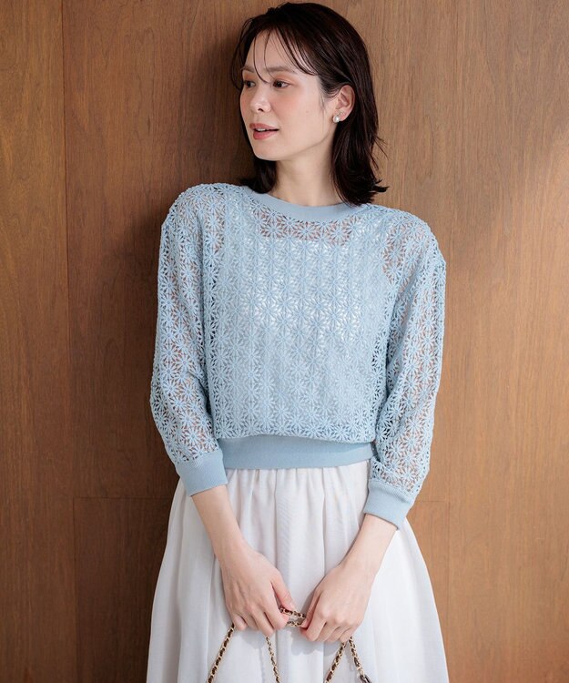 組曲 【先行予約・前後着用可】コットンフラワーレーシー カーディガン ダスティブルー系