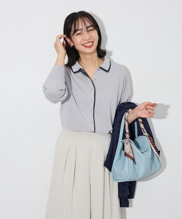 Green Parks ここちニット衿付き配色プルオーバー Gray