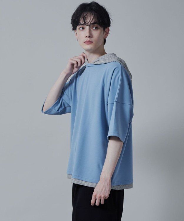 WEGO フェイクレイヤードフードT（S） ブルー