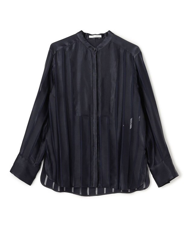 BEIGE， HAUYNITE / シアーストライプバンドカラーブラウス Navy
