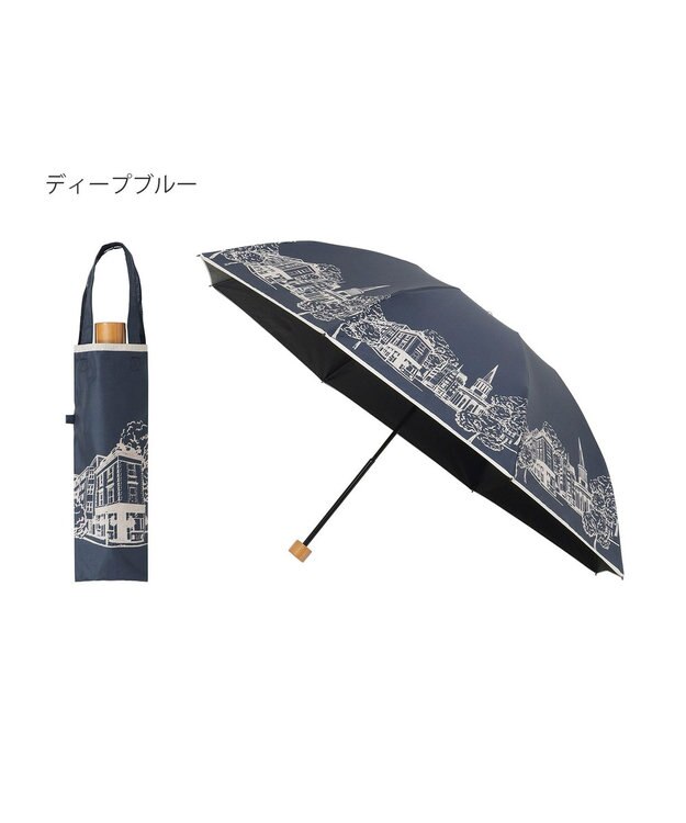 MOONBAT 【遮光100%/収納バッグ付き】SOLFEGE MODE  晴雨兼用 折りたたみ日傘 街並プリント ディープブルー