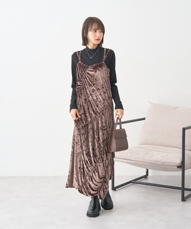 earth music&ecology クラッシュベロアシャーリングワンピース Brown