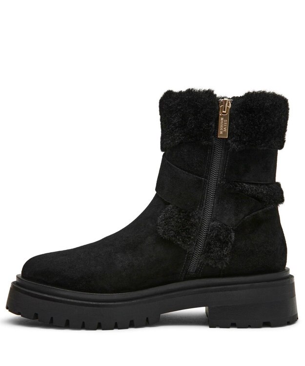 STEVE MADDEN LODGE ファースエードバックルショートブーツ ブラックスエード