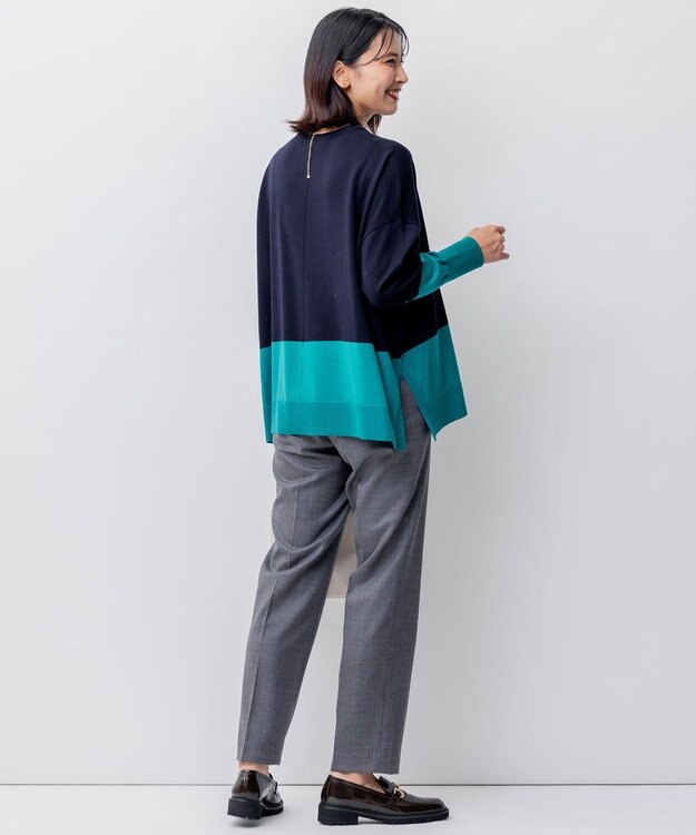 23区 S 【WEB限定カラーあり/洗える】ウーステッドウール ビッグシルエット ニット [WEB限定]ネイビー×グリーン