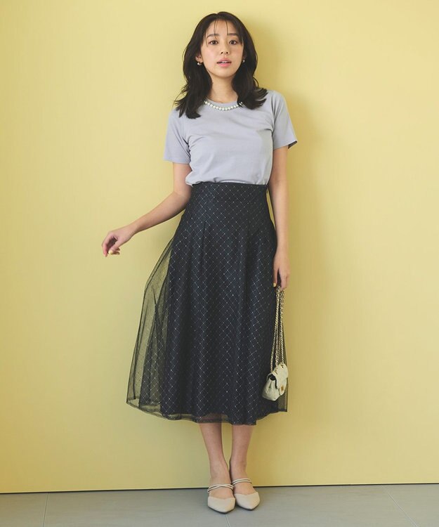 Feroux 【UVケア】パールネック Tシャツ ライトグレー系