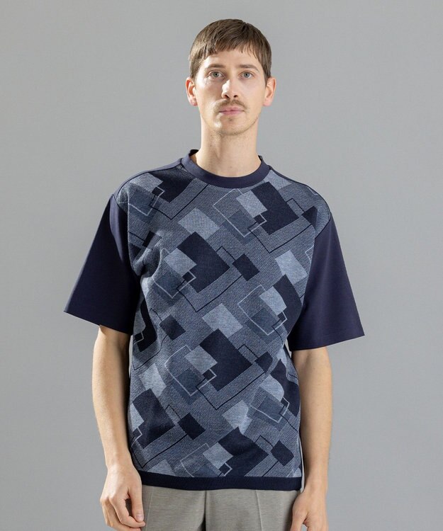 JOSEPH HOMME ファインジャガードブロック　Tシャツ ネイビー系