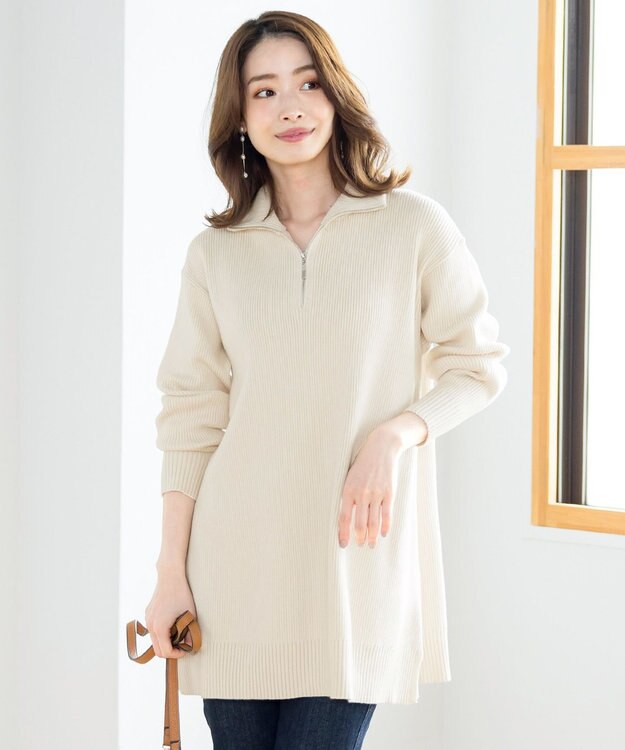 Tiaclasse 【洗える】ハーフジップニットチュニック エクリュ