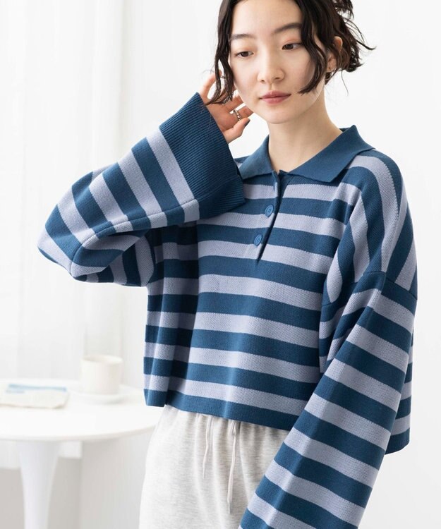 WEGO ボーダーニットポロ ブルーボーダー