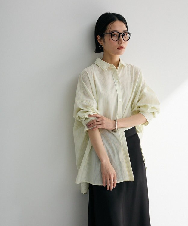 Green Parks 綿麻混レギュラーカラーＢＩＧシルエットシャツ Stripe Yellow