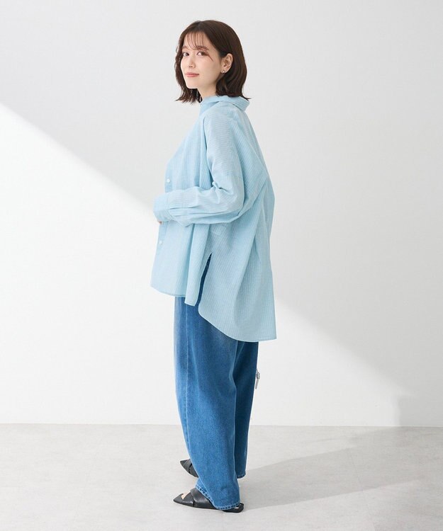 Green Parks 綿麻混レギュラーカラーＢＩＧシルエットシャツ Sax