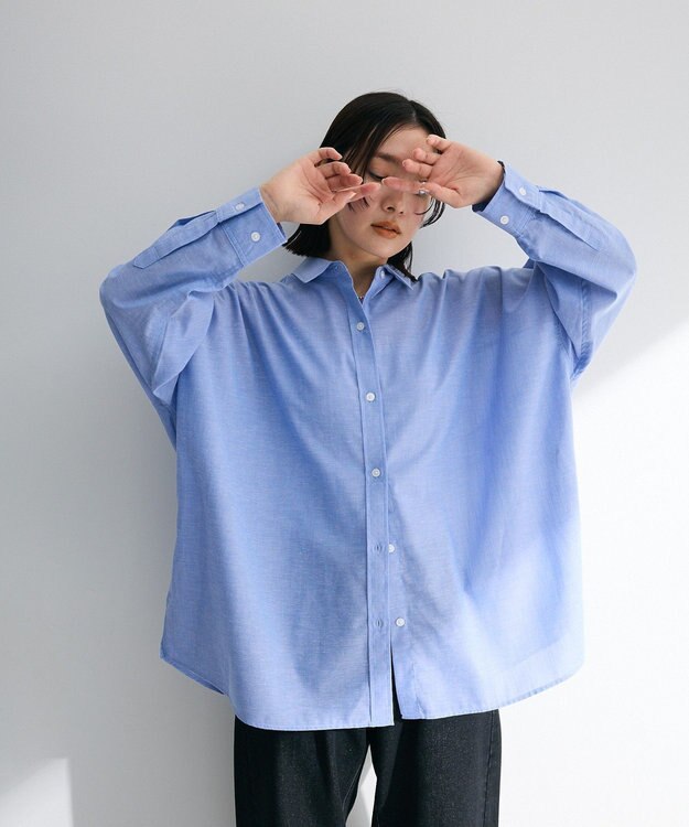 Green Parks 綿麻混レギュラーカラーＢＩＧシルエットシャツ Stripe Blue