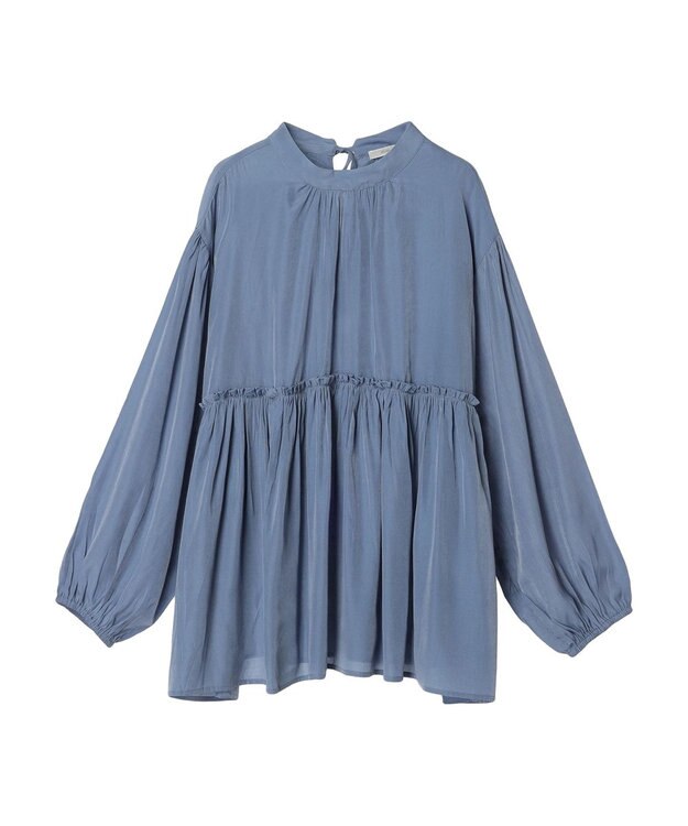 CRAFT STANDARD BOUTIQUE 後リボン切替ギャザーチュニックブラウス Blue