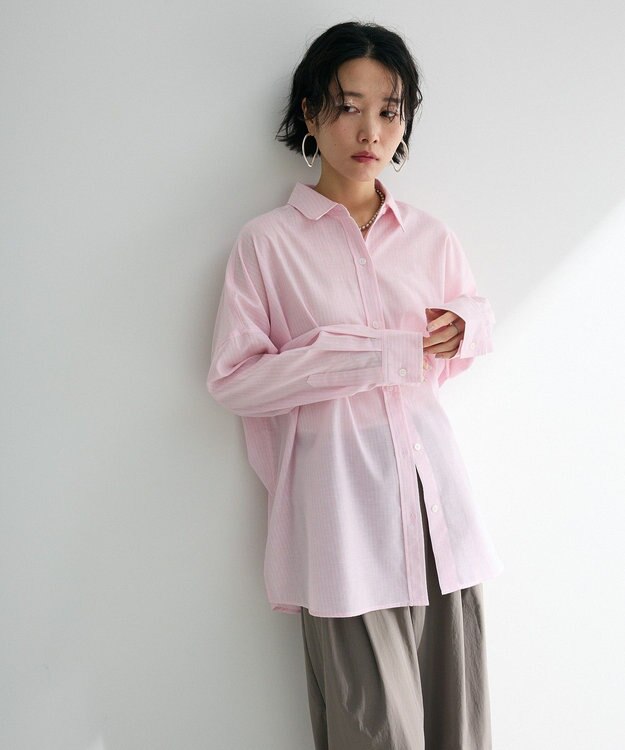 Green Parks 綿麻混レギュラーカラーＢＩＧシルエットシャツ Stripe Pink