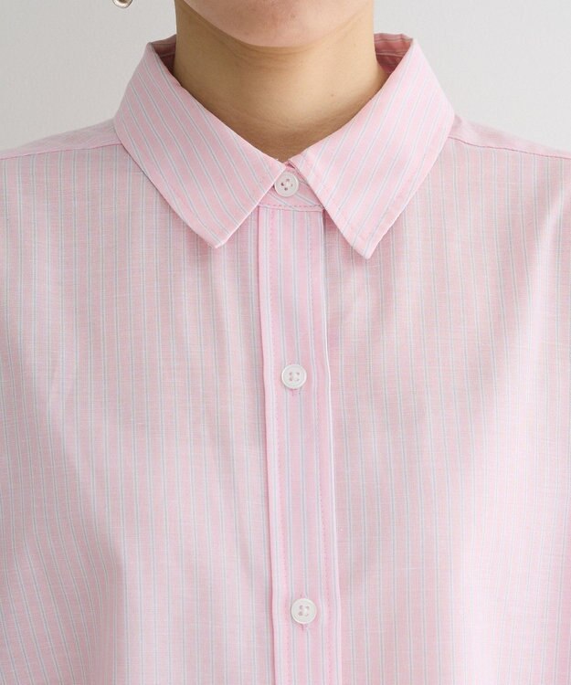 Green Parks 綿麻混レギュラーカラーＢＩＧシルエットシャツ Stripe Pink