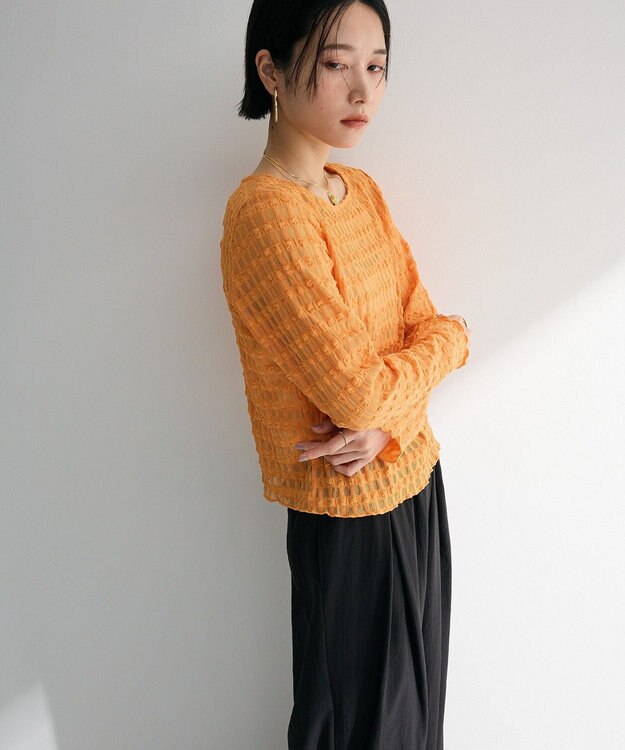 Green Parks クロップドボートネック表面感プルオーバー Orange