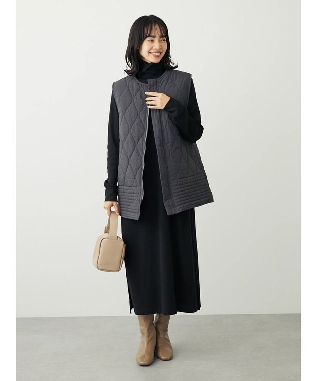 Green Parks ヒョウタンキルトミドル丈ベスト Charcoal Gray