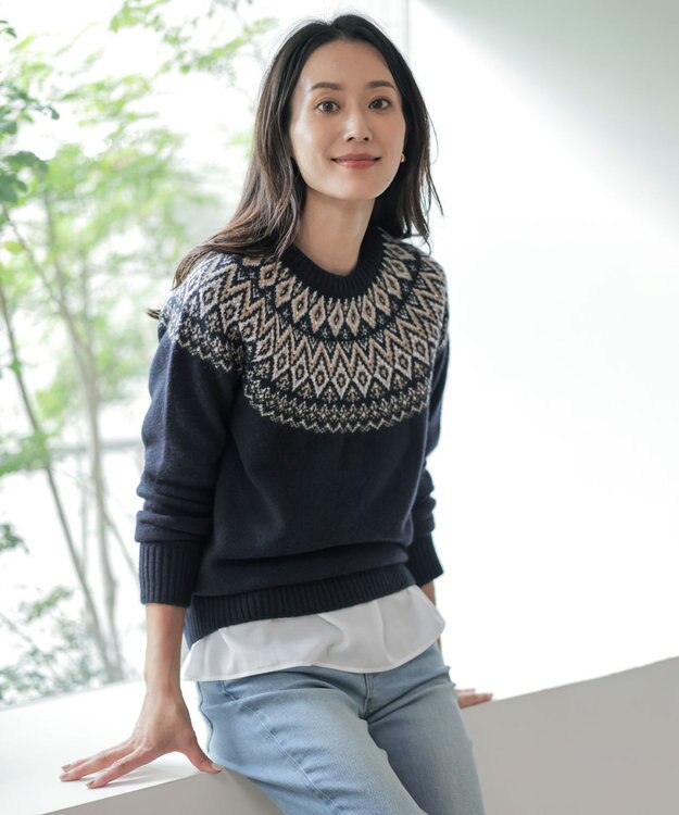 J.PRESS LADIES 【WEB限定カラーあり・洗える】FAIR ISLE ラウンドネック ニット ネイビー系