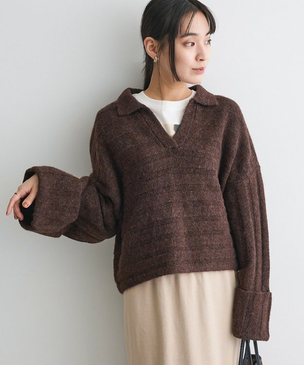 CRAFT STANDARD BOUTIQUE ロールアップ袖ショート丈ニットプルオーバー Brown