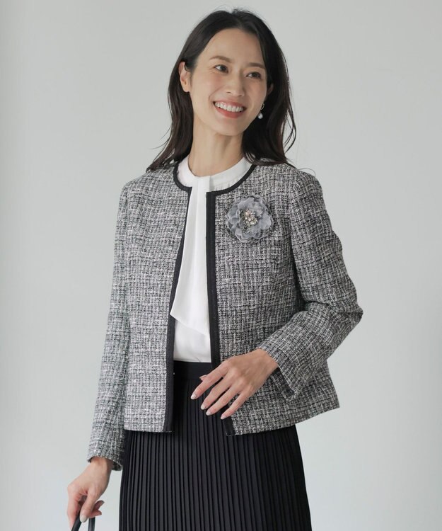 J.PRESS LADIES 【セットアップ対応】ファンシーツイード ノーカラー ジャケット ブラックミックス系